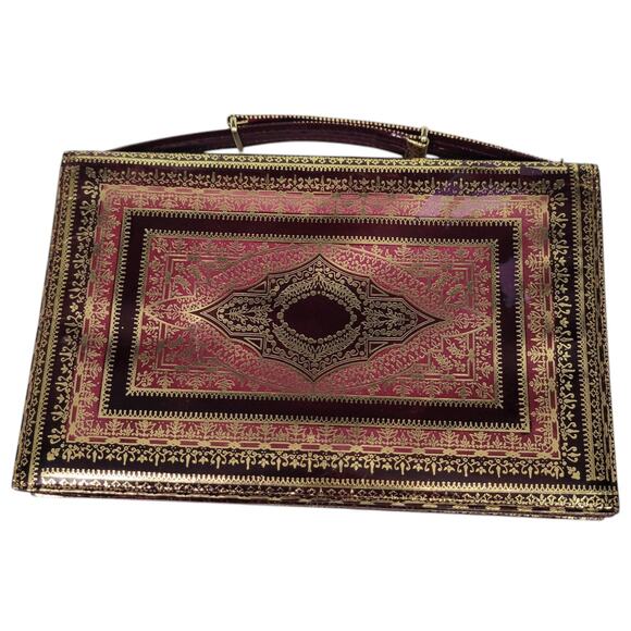 Vintage Embossed Leather Slim Bag Red Gold Gilding Italian Handbag Handle Small - Picture 15 of 16